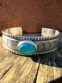 Image 1 of WL&A Handmade Ingot Old Style Navajo Blue Turquoise Waves Cuff - Size 7" to 7.5" Wrist