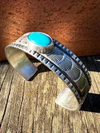 Image 3 of WL&A Handmade Ingot Old Style Navajo Blue Turquoise Waves Cuff - Size 7" to 7.5" Wrist