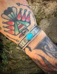 Image 4 of WL&A Handmade Ingot Old Style Navajo Blue Turquoise Waves Cuff - Size 7" to 7.5" Wrist