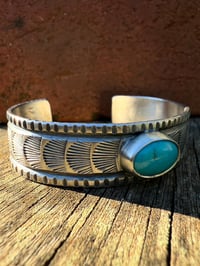 Image 2 of WL&A Handmade Ingot Old Style Navajo Blue Turquoise Waves Cuff - Size 7" to 7.5" Wrist