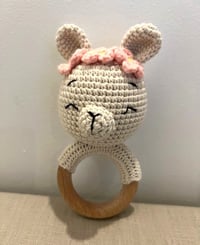 Image 1 of Handcrafted Crochet Bear with flowers headband Rattle Wooden Teether