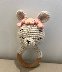 Image 2 of Handcrafted Crochet Bear with flowers headband Rattle Wooden Teether