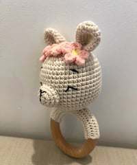 Image 3 of Handcrafted Crochet Bear with flowers headband Rattle Wooden Teether