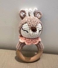 Image 2 of Handcrafted Crochet Deer with pink collar Rattle Wooden Teether