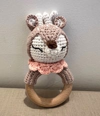 Image 1 of Handcrafted Crochet Deer with pink collar Rattle Wooden Teether