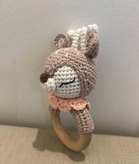 Image 3 of Handcrafted Crochet Deer with pink collar Rattle Wooden Teether