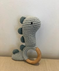 Image 1 of Handcrafted Crochet Dinosaur Rattle Wooden Teether