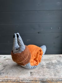 Image 3 of Small Handmade Orange Linen Snail Wearing A Brown Woollen Scarf