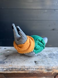 Image 1 of Small Handmade Green Linen Snail Wearing A Yellow Woollen Scarf