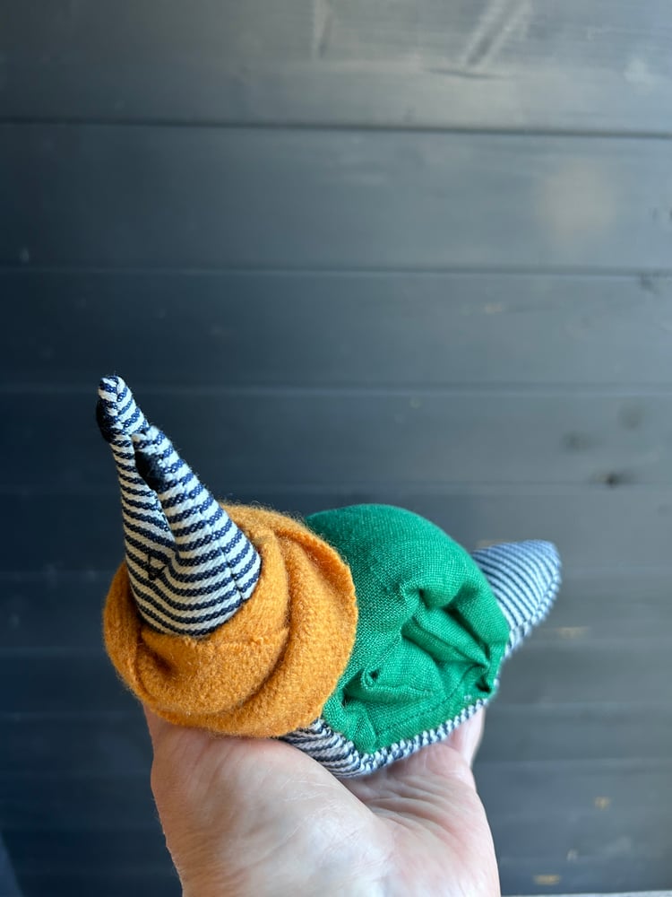 Image of Small Handmade Green Linen Snail Wearing A Yellow Woollen Scarf
