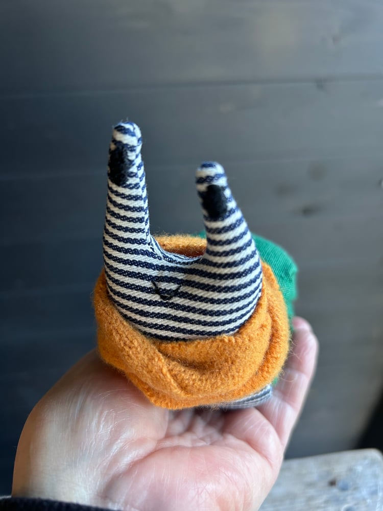 Image of Small Handmade Green Linen Snail Wearing A Yellow Woollen Scarf