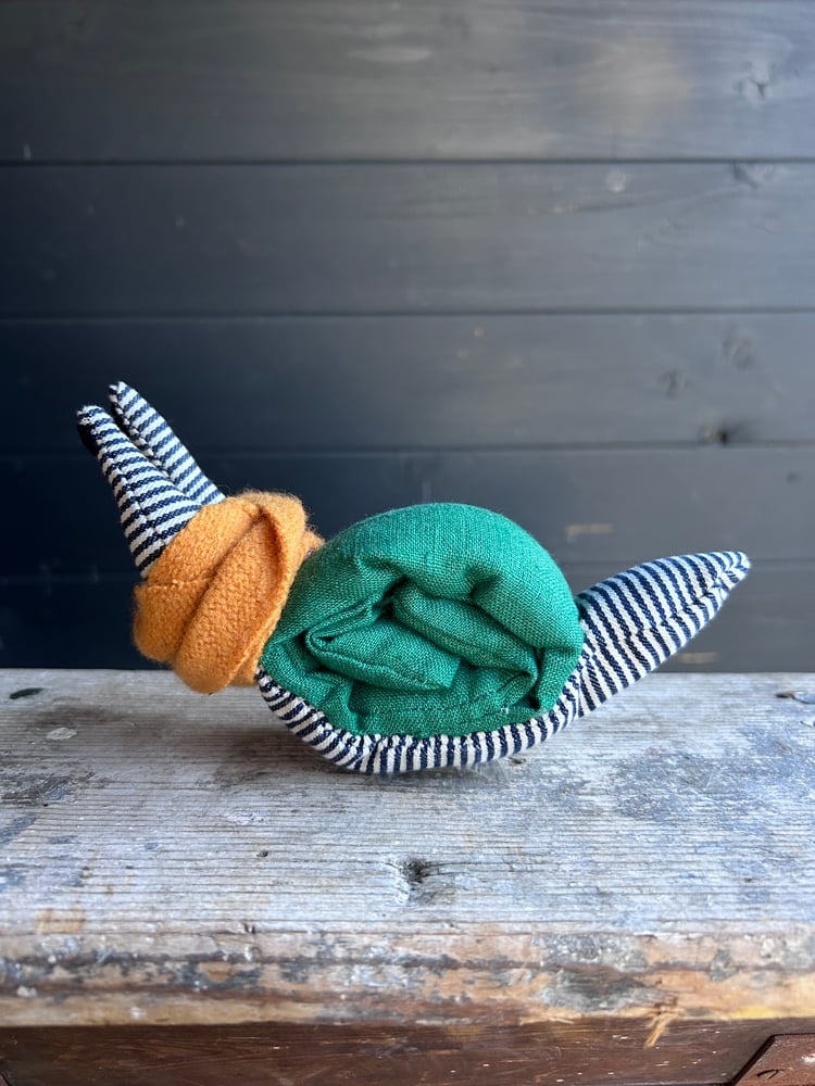 Image of Small Handmade Green Linen Snail Wearing A Yellow Woollen Scarf