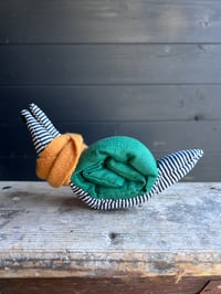 Image 5 of Small Handmade Green Linen Snail Wearing A Yellow Woollen Scarf