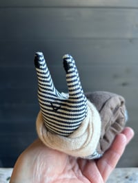 Image 4 of Small Handmade Brown Linen Snail Wearing A Cream Woollen Scarf