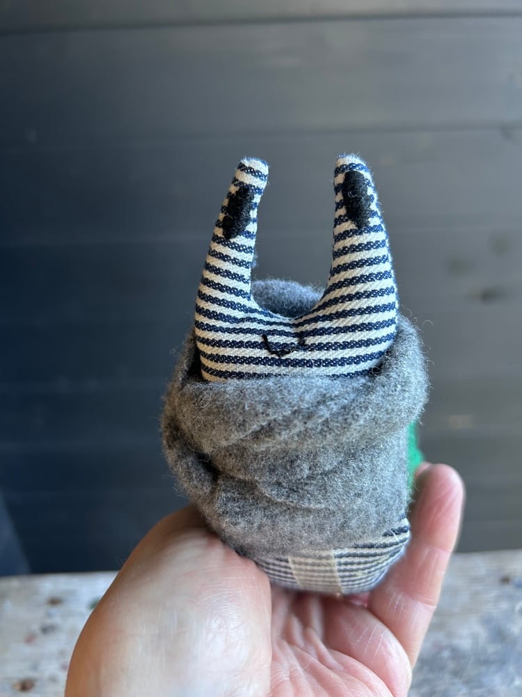 Image of Small Handmade Green  Linen Snail Wearing A Grey Woollen Scarf