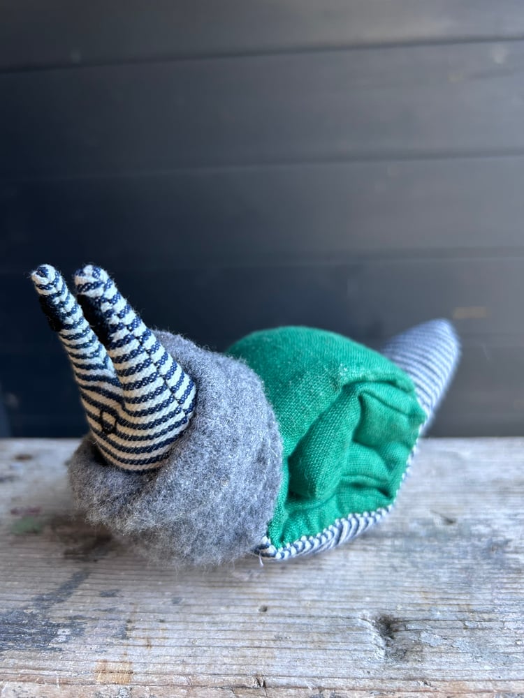 Image of Small Handmade Green  Linen Snail Wearing A Grey Woollen Scarf