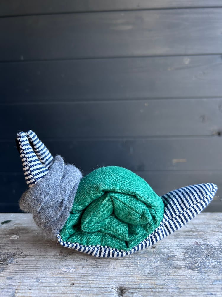 Image of Small Handmade Green  Linen Snail Wearing A Grey Woollen Scarf