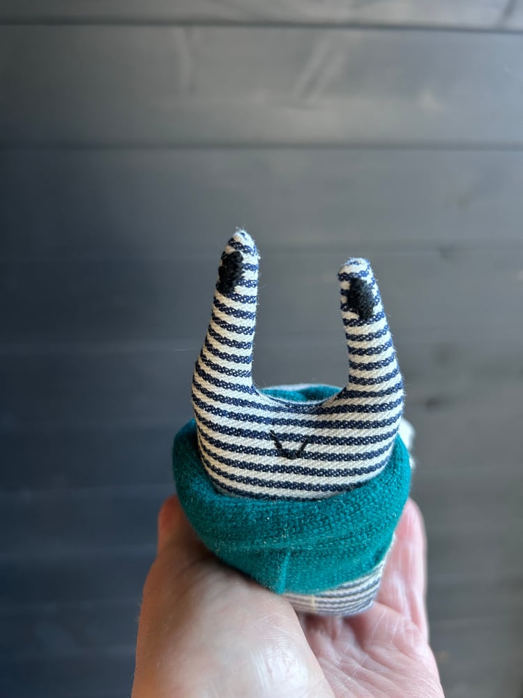 Image of Small Handmade Natural Linen Snail Wearing A Teal Woollen Scarf