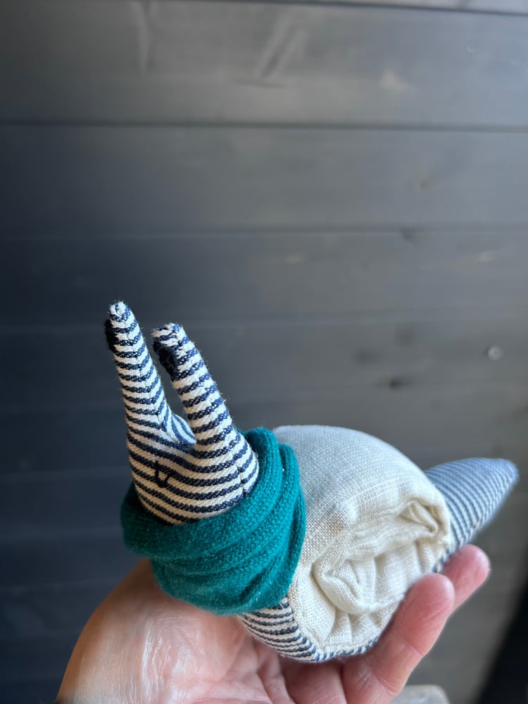 Image of Small Handmade Natural Linen Snail Wearing A Teal Woollen Scarf