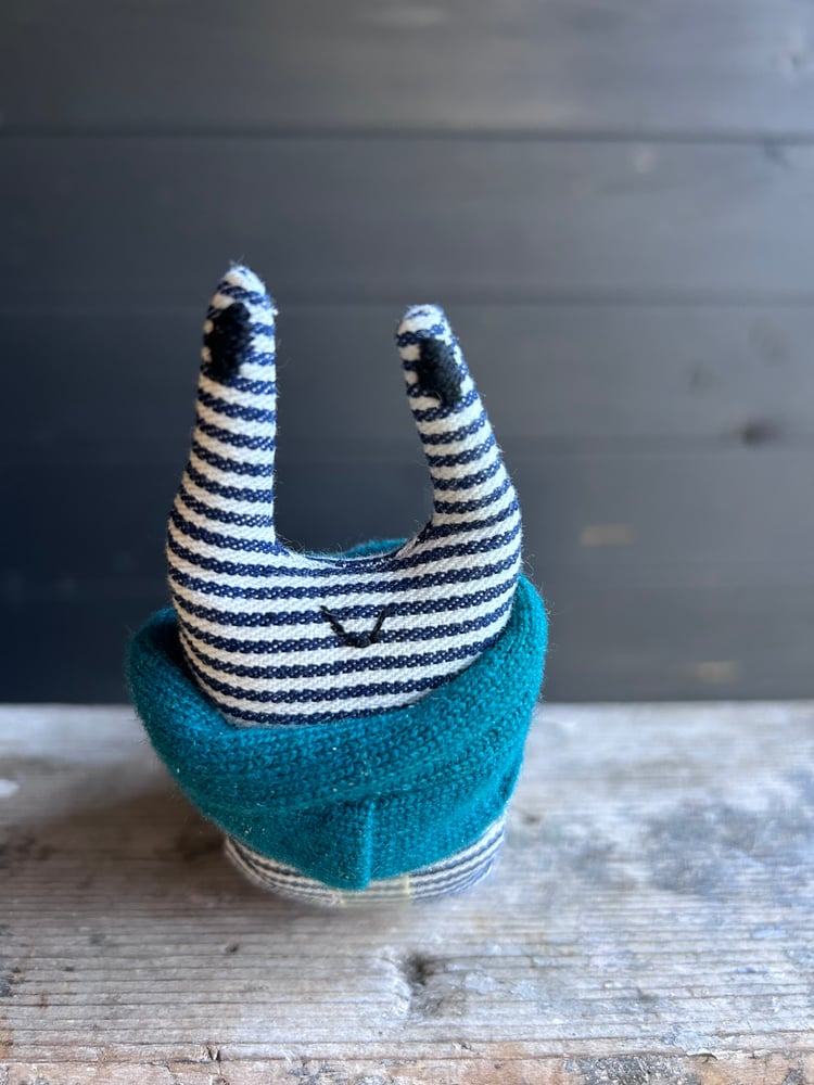 Image of Small Handmade Natural Linen Snail Wearing A Teal Woollen Scarf