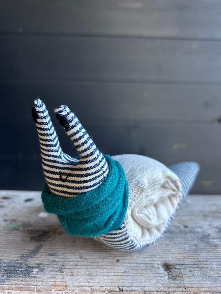 Image of Small Handmade Natural Linen Snail Wearing A Teal Woollen Scarf