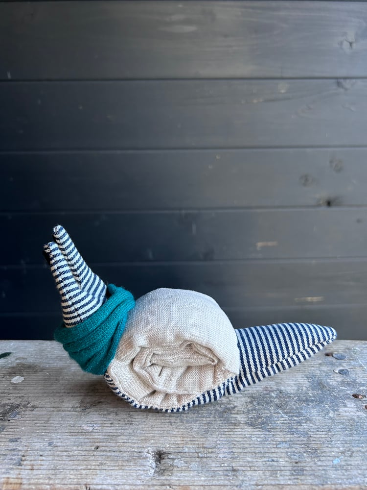 Image of Small Handmade Natural Linen Snail Wearing A Teal Woollen Scarf