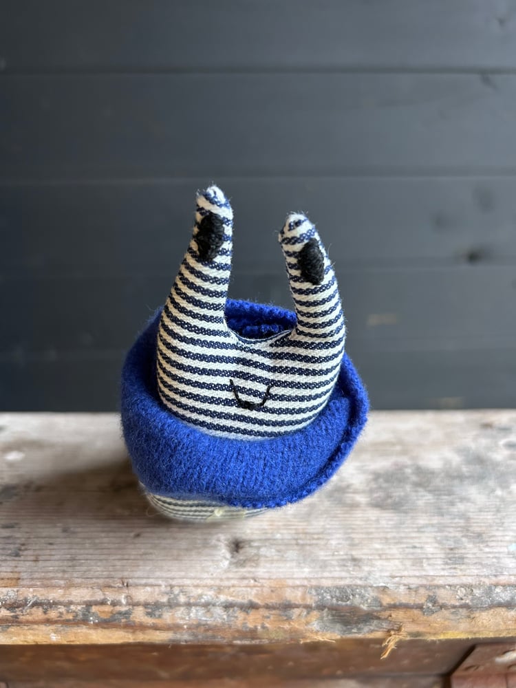 Image of Small Handmade Natural Linen Snail Wearing A Blue Woollen Scarf