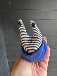 Image 2 of Small Handmade Orange Linen Snail Wearing A Blue Woollen Scarf