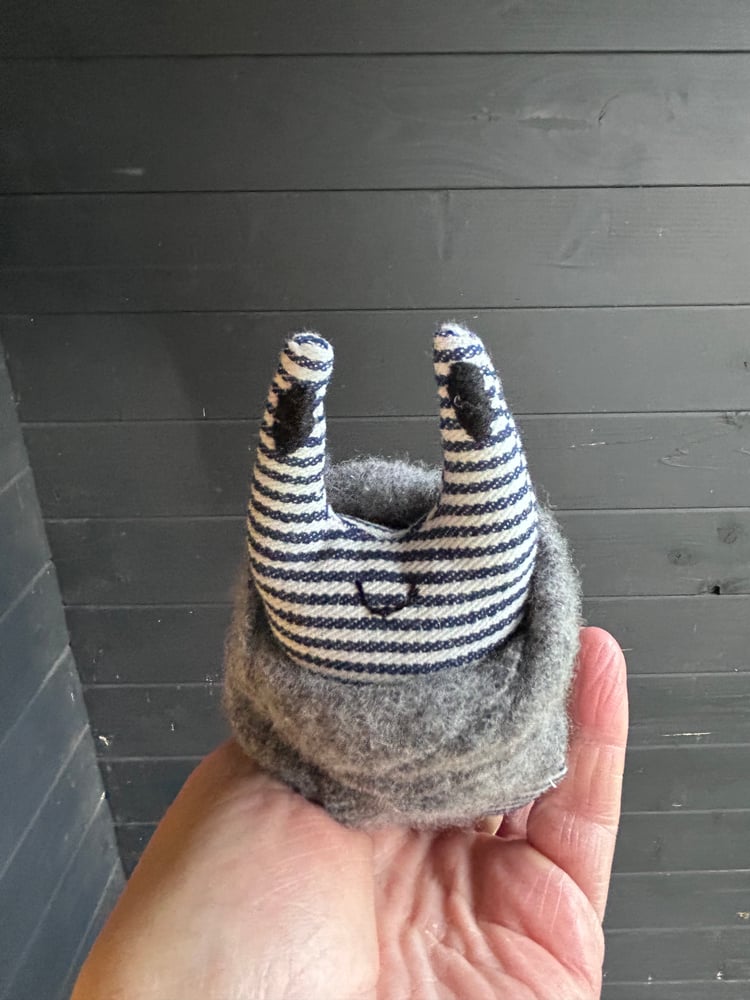 Image of Small Handmade Green Linen Snail Wearing A Grey Woollen Scarf