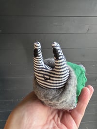 Image 5 of Small Handmade Green Linen Snail Wearing A Grey Woollen Scarf
