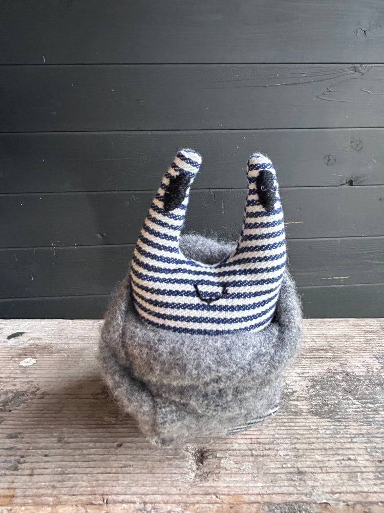 Image of Small Handmade Green Linen Snail Wearing A Grey Woollen Scarf