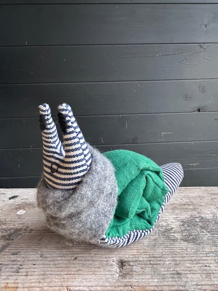 Image of Small Handmade Green Linen Snail Wearing A Grey Woollen Scarf