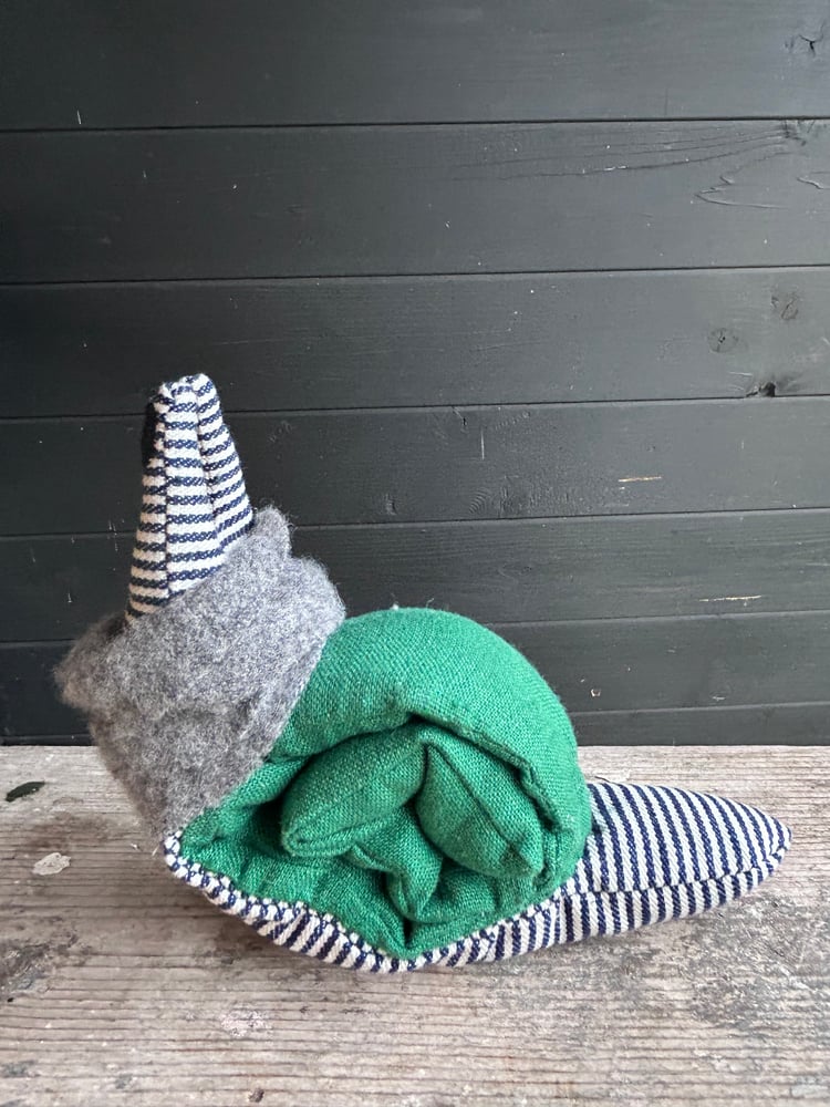Image of Small Handmade Green Linen Snail Wearing A Grey Woollen Scarf