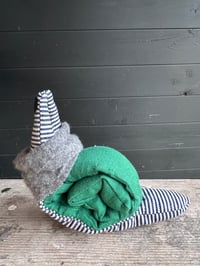 Image 3 of Small Handmade Green Linen Snail Wearing A Grey Woollen Scarf