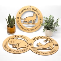 Image 1 of Rustic Cat Welcome Sign | Engraved Wooden Cat Door Décor | Cat Lover Gift