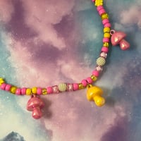 Image 2 of Pink Yellow Triple Mushroom Kandi Necklace