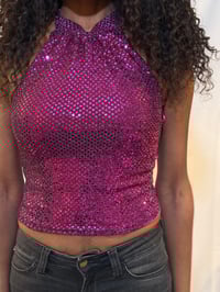 Image 2 of Vintage 2000s Bay pink sparkly halter neck cami top