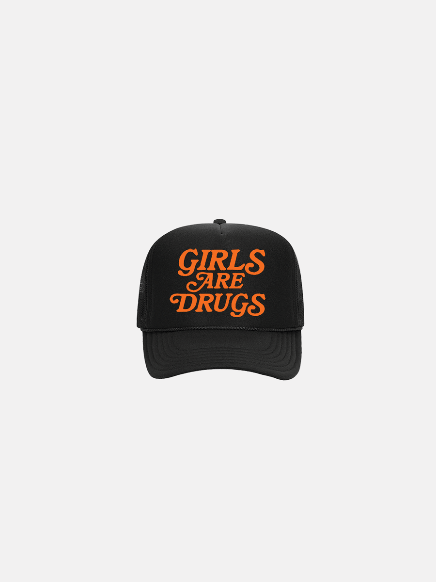 Image of GIRLS ARE DRUGS® TRUCKER - BLACK / ORANGE