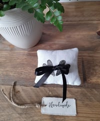 Image 1 of Ring Cushion - Handmade Black Heart Design in vintage linen 