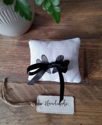 Image 3 of Ring Cushion - Handmade Black Heart Design in vintage linen 