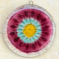 Image 1 of Fused Glass Yellow/Blue/Fuschia Mandala Sun Catcher
