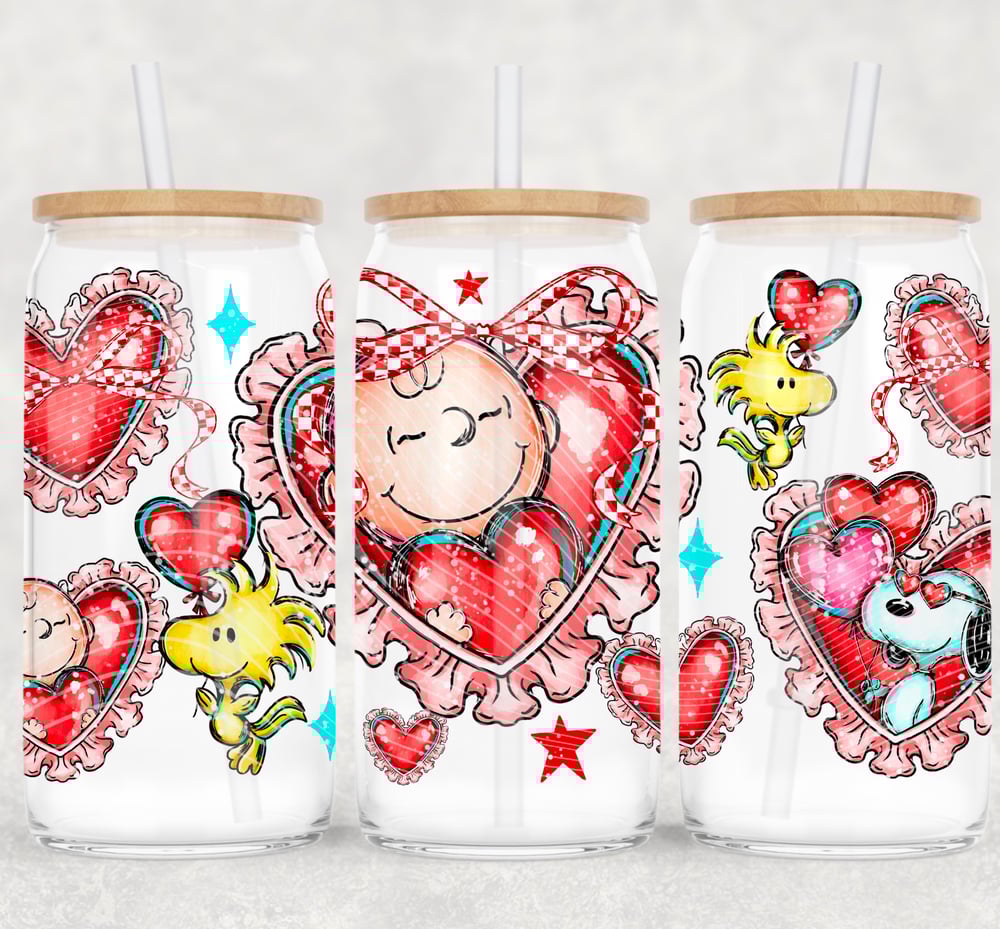 Image of Valentine Charlie Brown Double-Sided UV DTF Wrap | 16oz Glass Can Tumbler Design.  W0884