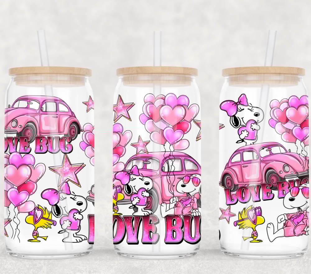 Image of Valentine  Snoopy Love Bug Double-Sided UV DTF Wrap | 16oz Glass Can Tumbler Design.  W0885