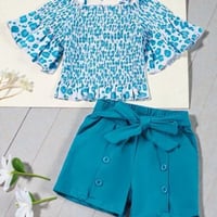 Teal Bow Shorts & Smocked Ruffle Top Set