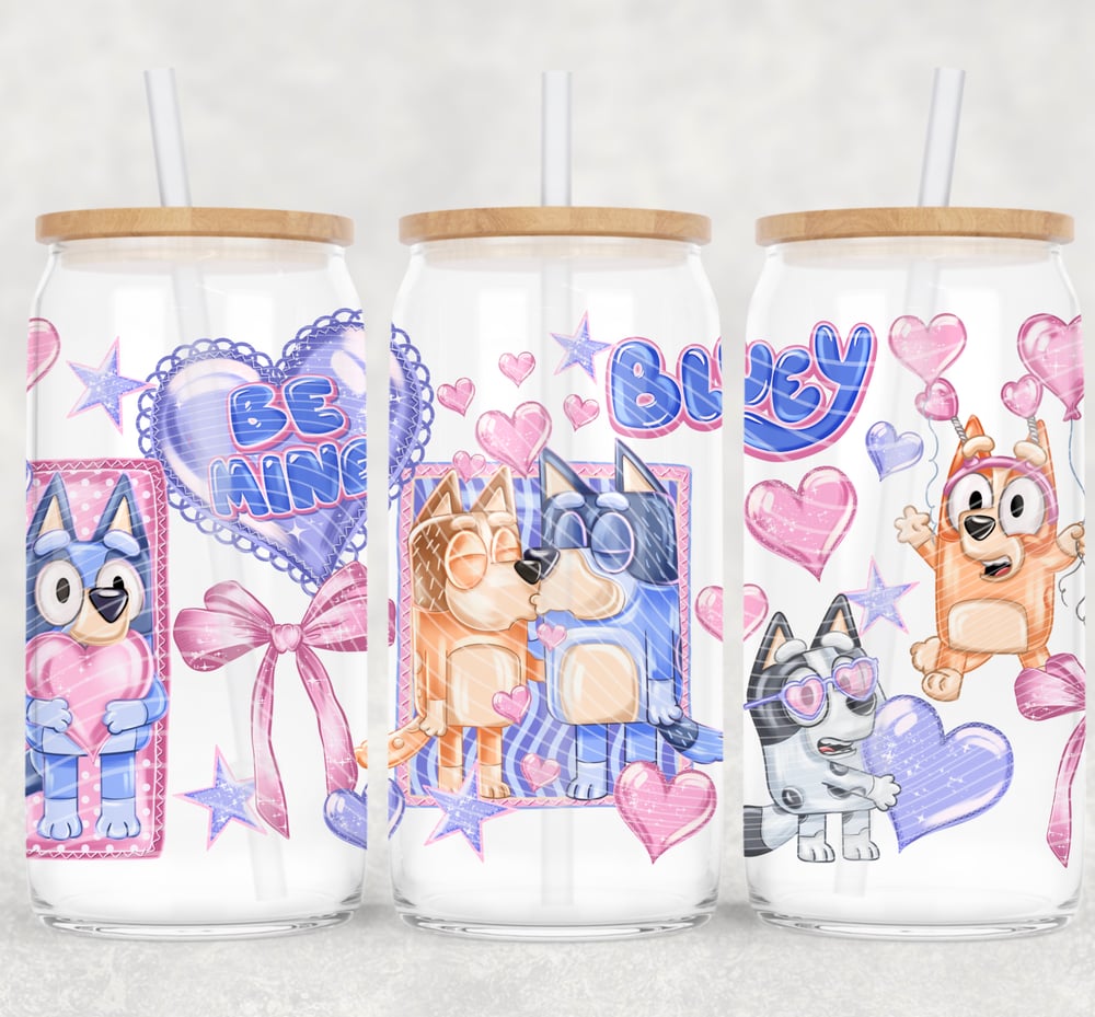 Image of Valentine Bluey Be Mine UV DTF Double-Sided Wrap – 16oz Glass Can & Tumbler Design W0880