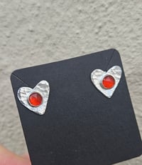 Image 4 of Made to order in 2- 3 weeks - Sterling Silver hammered heart stud Earrings with Carnelian Gemstones 