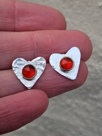 Image 5 of Made to order in 2- 3 weeks - Sterling Silver hammered heart stud Earrings with Carnelian Gemstones 