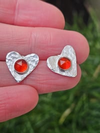 Image 1 of Made to order in 2- 3 weeks - Sterling Silver hammered heart stud Earrings with Carnelian Gemstones 