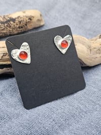 Image 3 of Made to order in 2- 3 weeks - Sterling Silver hammered heart stud Earrings with Carnelian Gemstones 