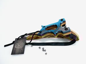 Image of Wooden Sling Shot, The Hooligan, Dark Aqua Spectraply, OOAK handmade Catapult, OTF Slingshot